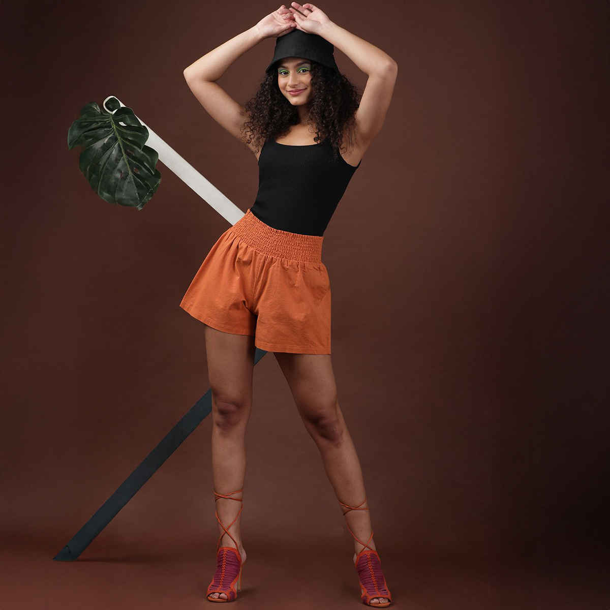 Freehand Women's Casual Flared Solid Smocked Shorts | 0522-Linsho07-02 | Apricot Orange - 32