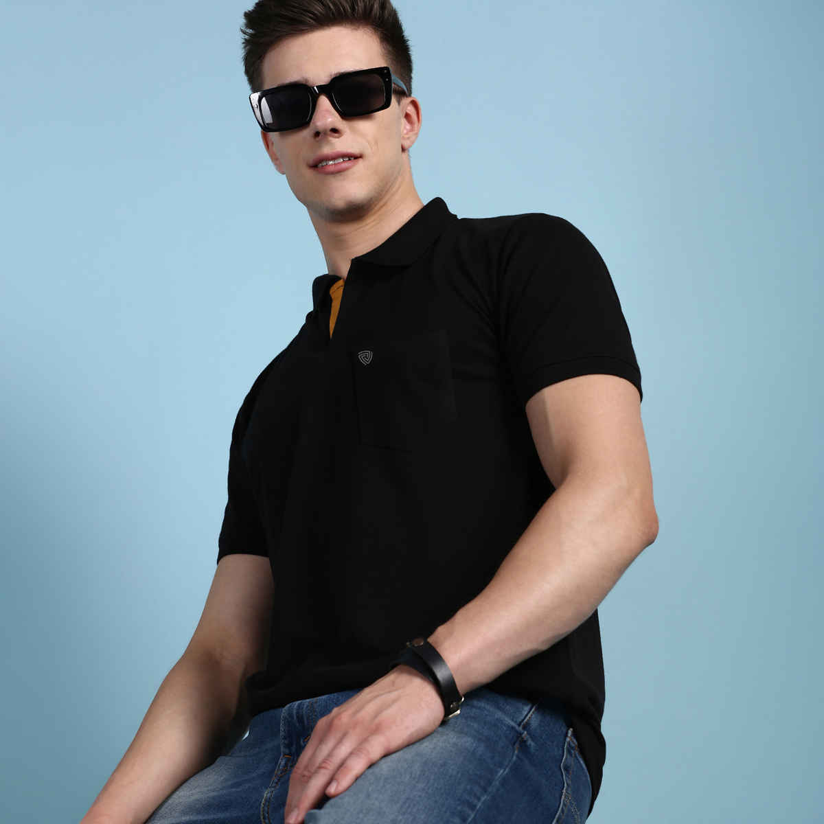 Lux Cozi Men's Solid Cotton Polo T-shirt with Pocket | Black - M