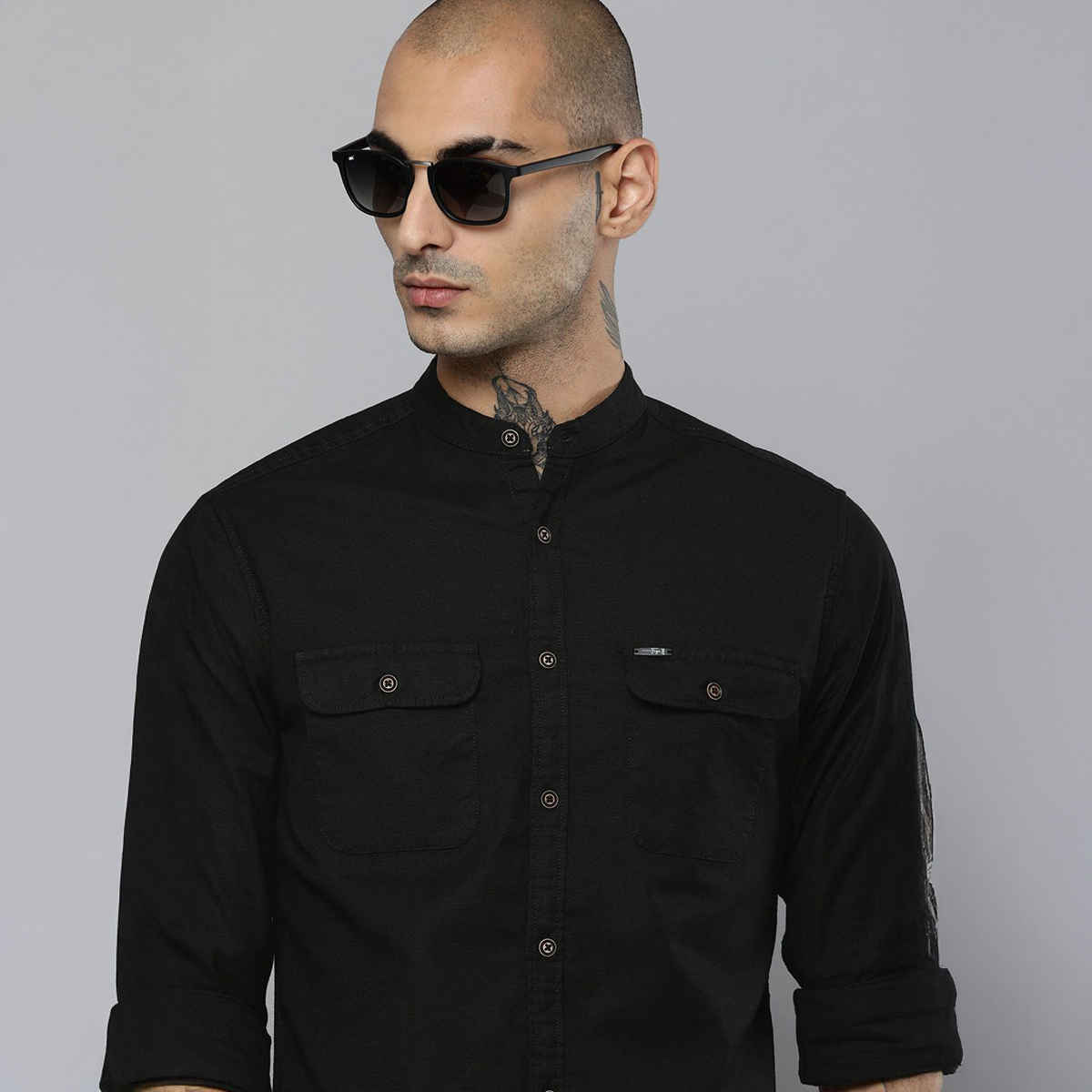 The Indian Garage Co Men's Slim Fit Solid Casual Shirt | Black - L
