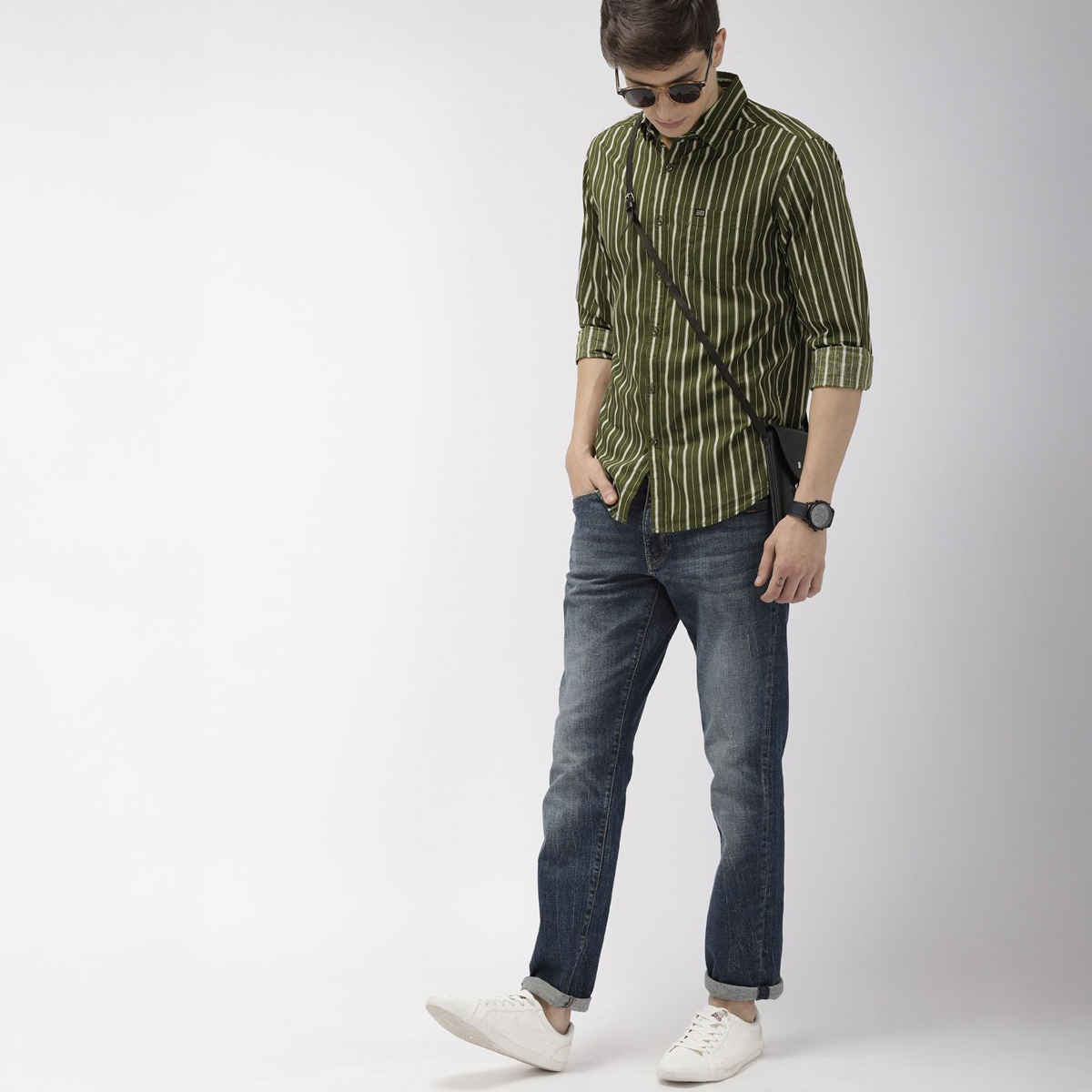 The Indian Garage Co Men's Slim Fit Multi Stripes Casual Shirt | Olive - XL