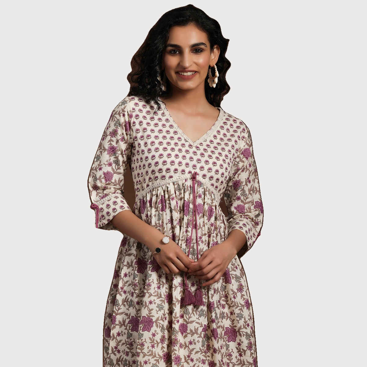 Libas Off White Floral Printed Fit and Flared Dress With Tassels on Sleeves | Off White | S