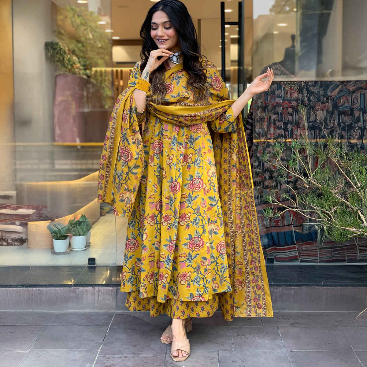 GoSriKi Women's Rayon Blend Anarkali Printed Kurta with Palazzo & Dupatta | CIA | Yellow - XL