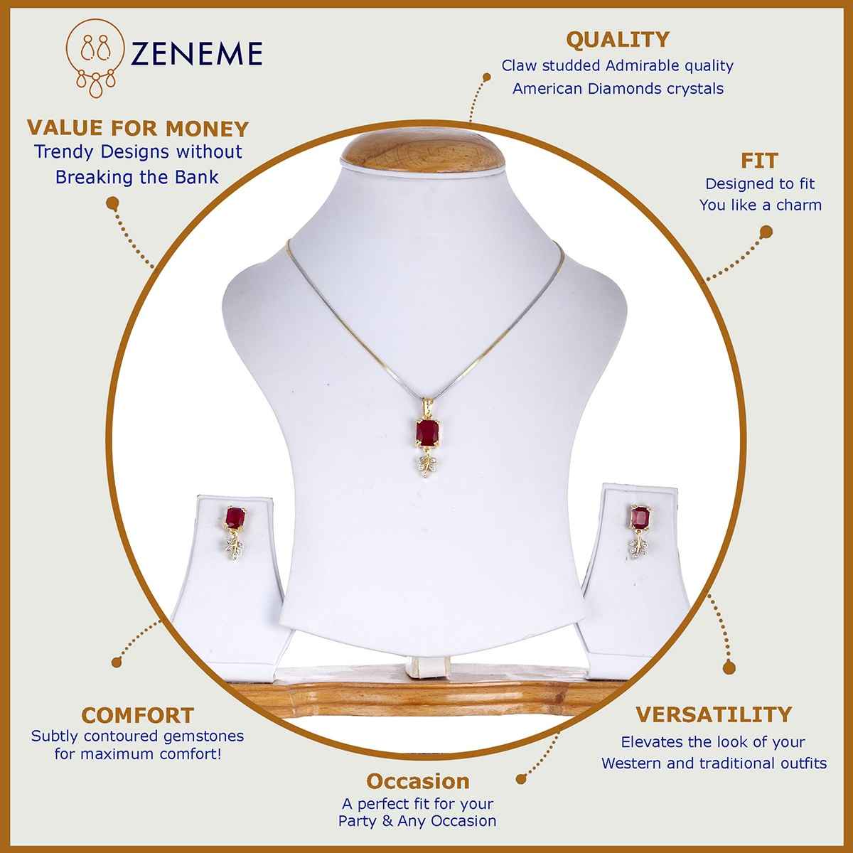 Zeneme Gold Plated Red CZ-AD Stone Drop Leaf Pendant Necklace Set With Earring For Women & Girls