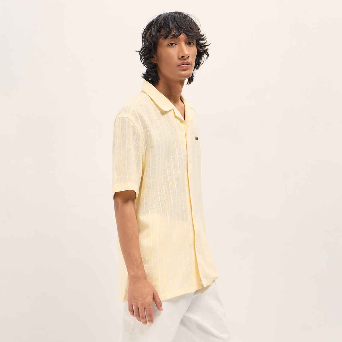 The Bear House Men's Vertical Textured Stripe Relaxed Fit Half Sleeve Casual Shirt |Light Yellow-M