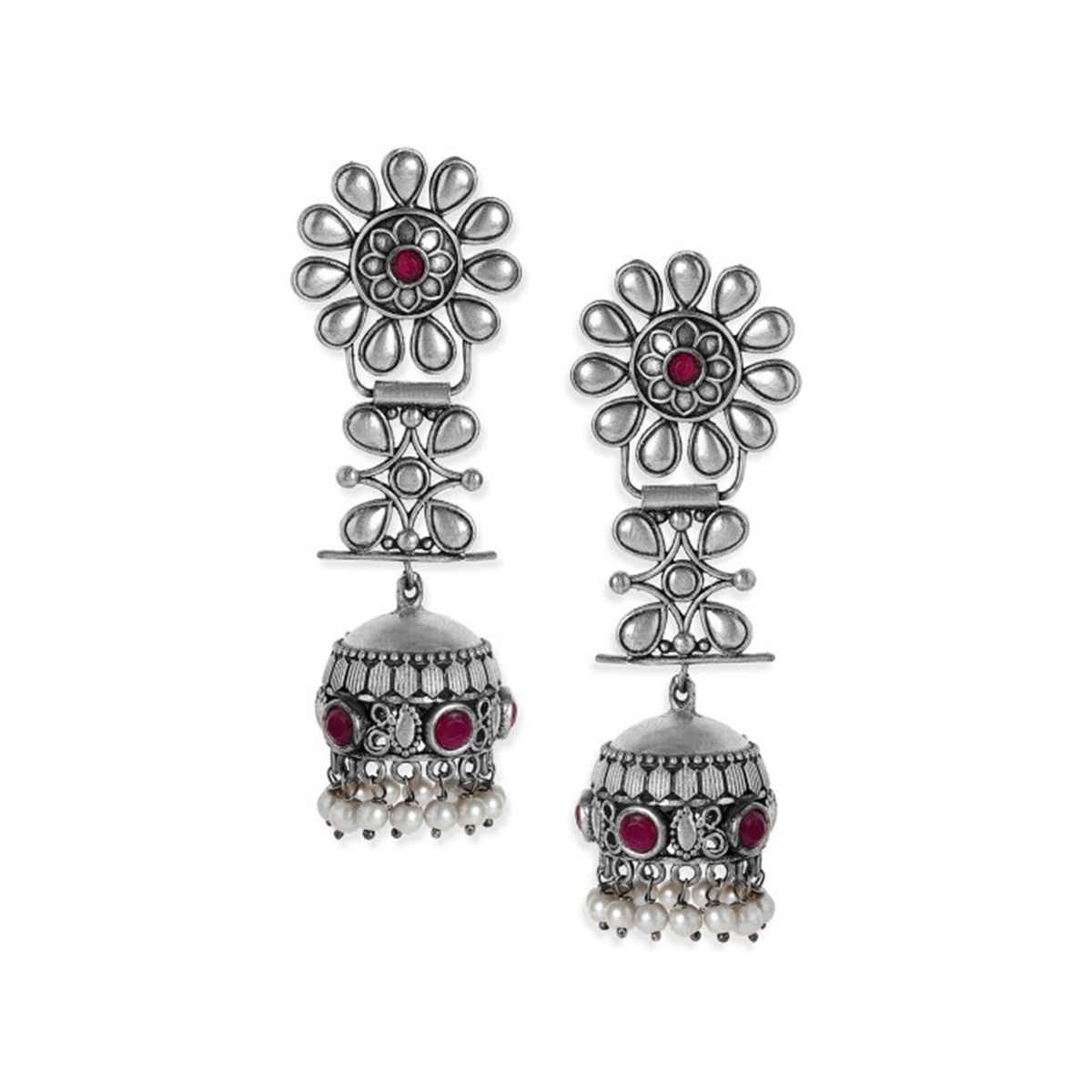 Rubans Oxidised Silver-Plated Jhumka Earrings with Ruby Red Stones and White Pearl Beads