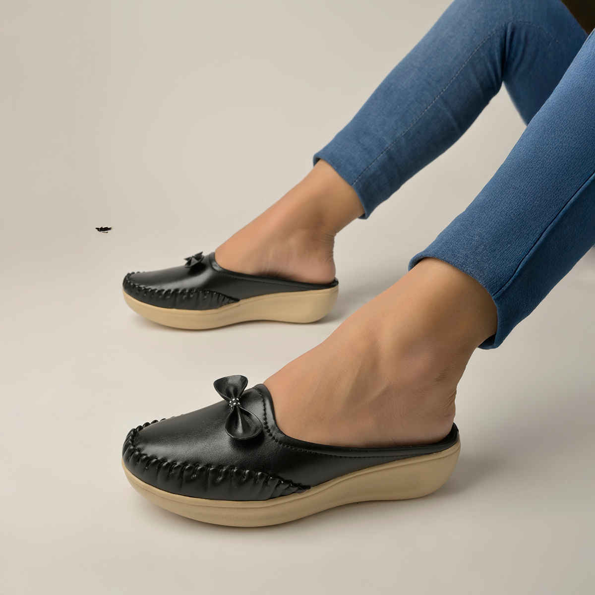 Shoetopia Upper Bow Detailed Black Slip-On Loafers For Women | UK 9