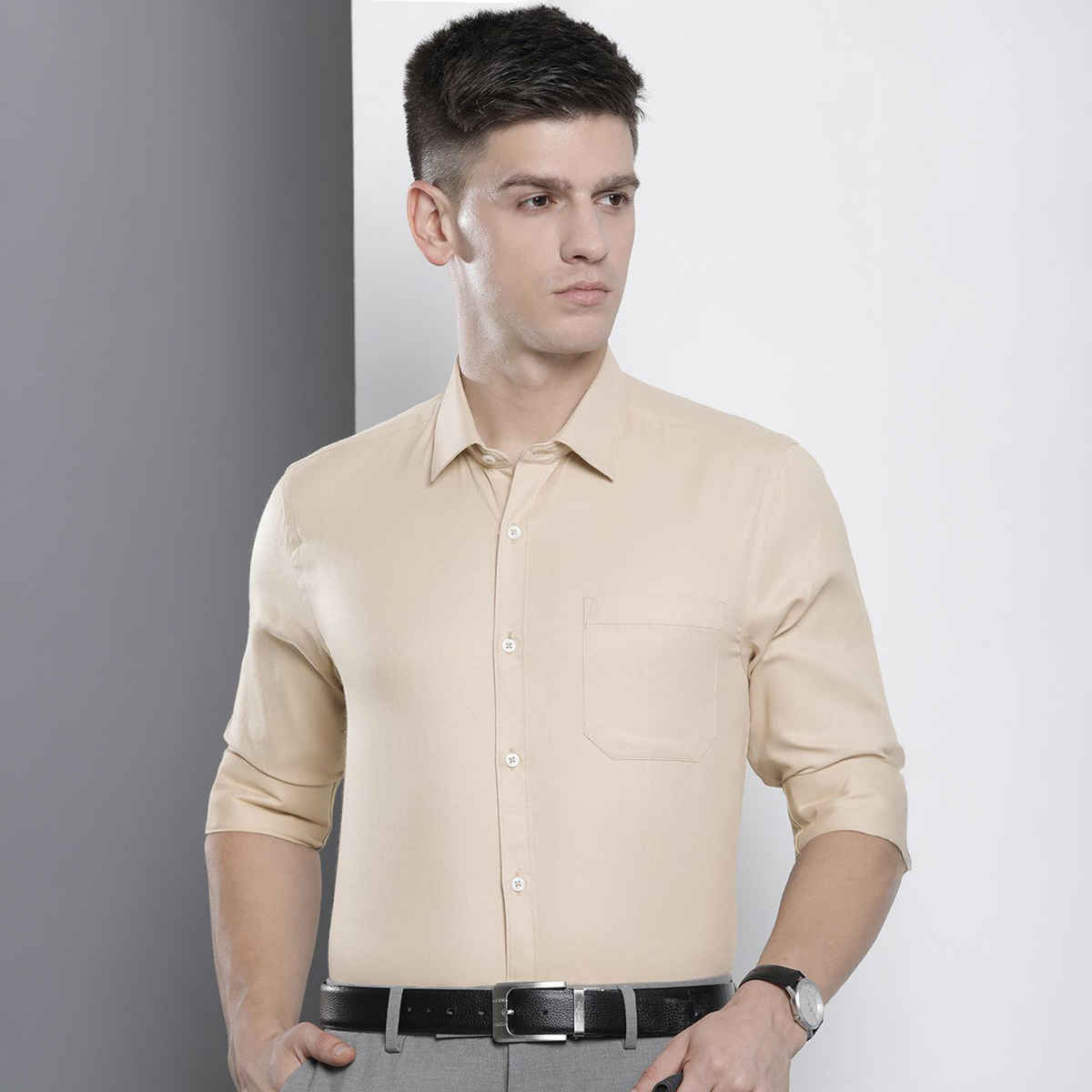 The Indian Garage Co Men's Slim Fit Solid Formal Shirt | Beige - L