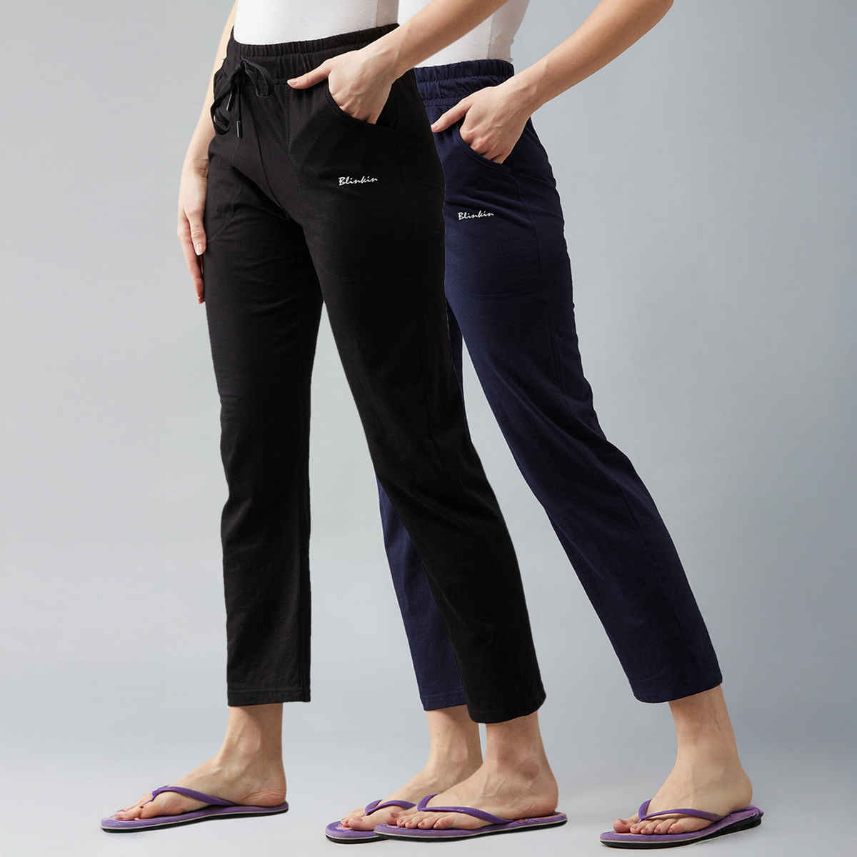 Blinkin Women's Cotton Track Pants With Side Pockets | Black Navy - XL