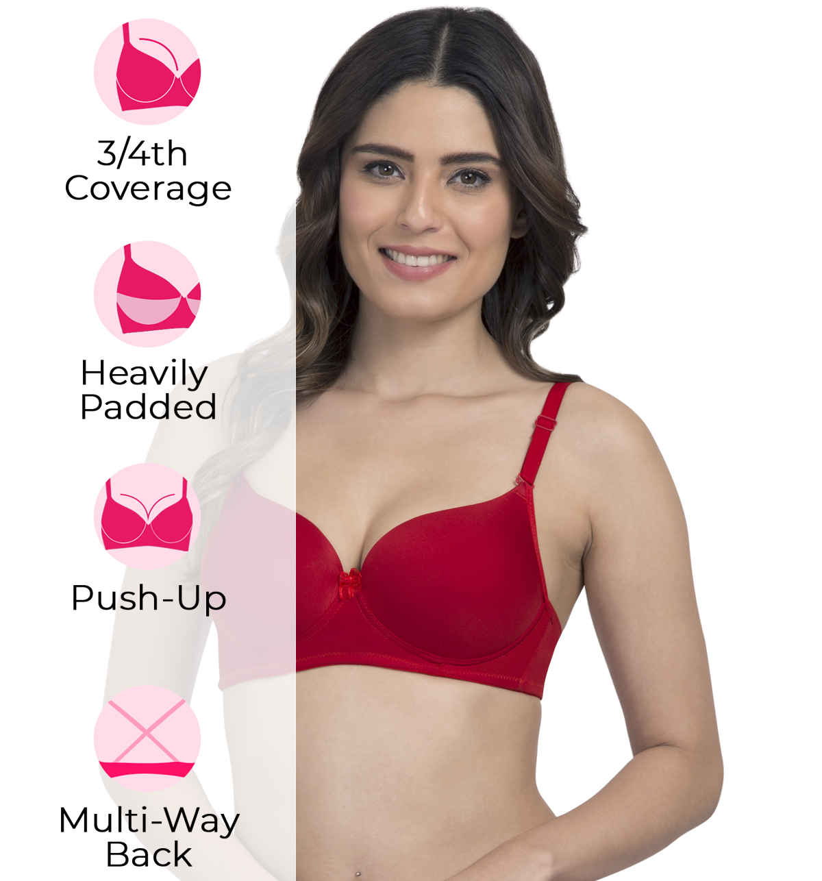Tweens Heavily Padded 3/4th Coverage Semi Push-Up Seamless T-Shirt Bra | Red-36C