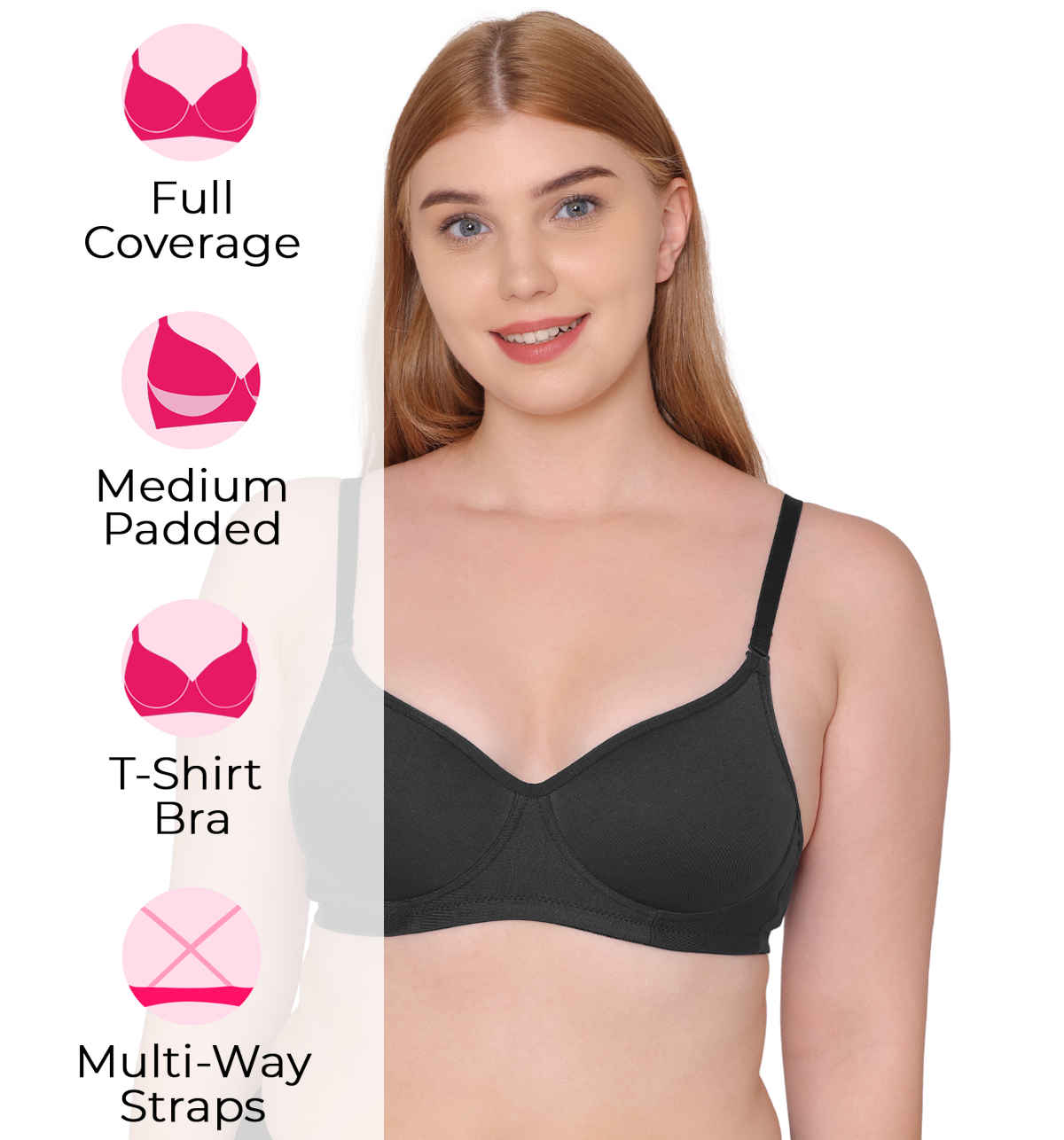 Tweens Medium Padded Cotton Rich Full Coverage T-Shirt Bra | Black-32C