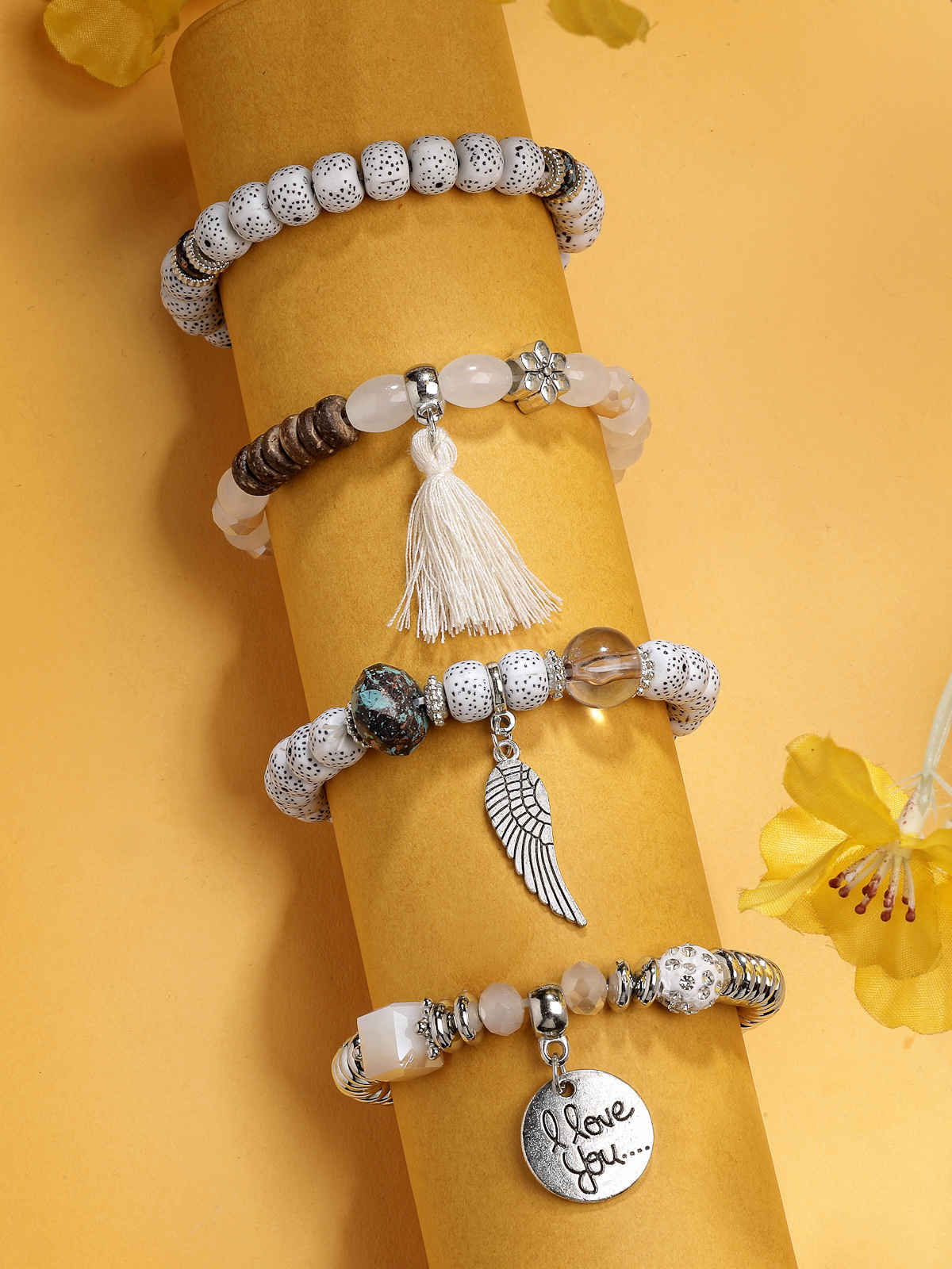 Scintillare By Sukkhi Charm Multilayer Beaded White Bangle & Bodhi Bracelet Jewellery For Women