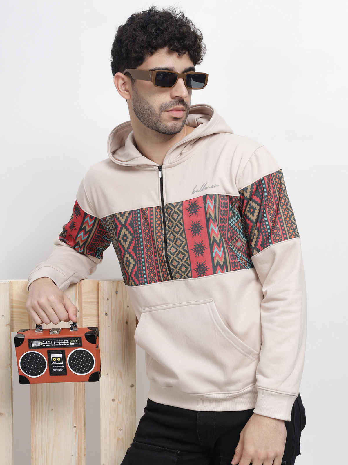 Bullmer Men's Trendy Colourblock Fleece Regular Fit Hooded Neck Sweatshirt | Beige - M