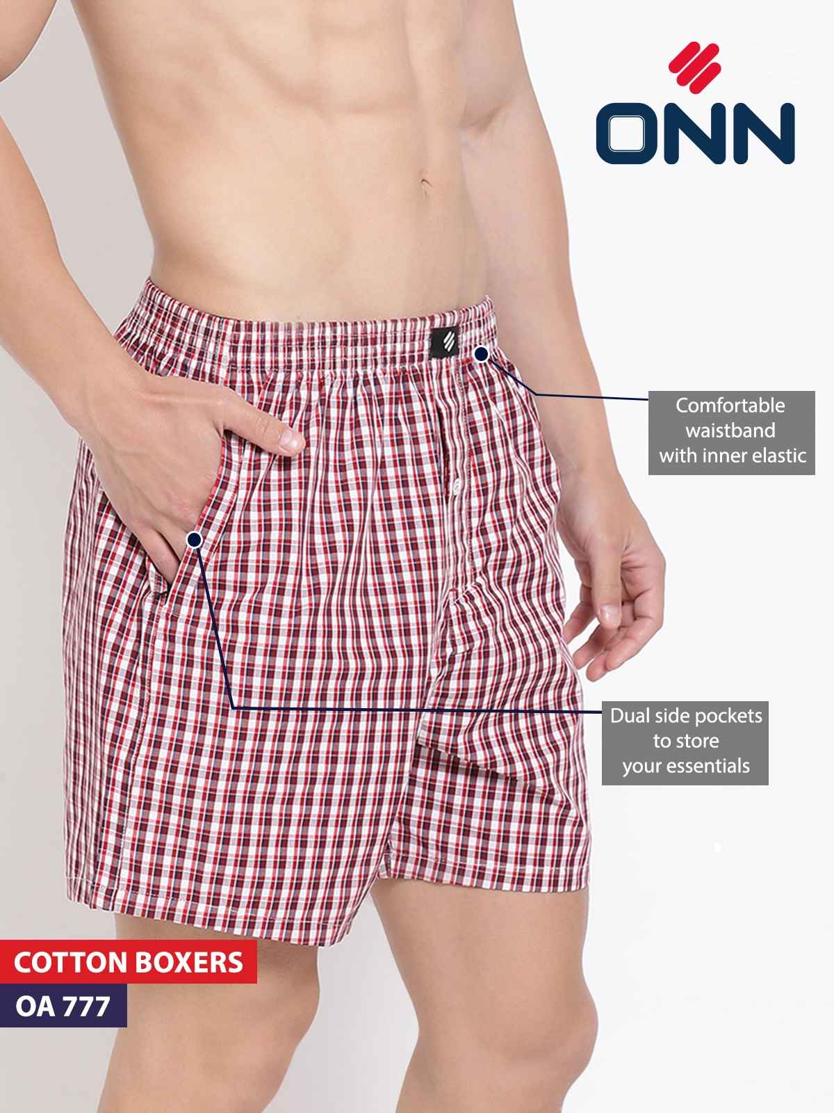 Onn Lightweight & Breathable Cotton Checkered Shorts | Multicolor | Size L | Pack Of 2