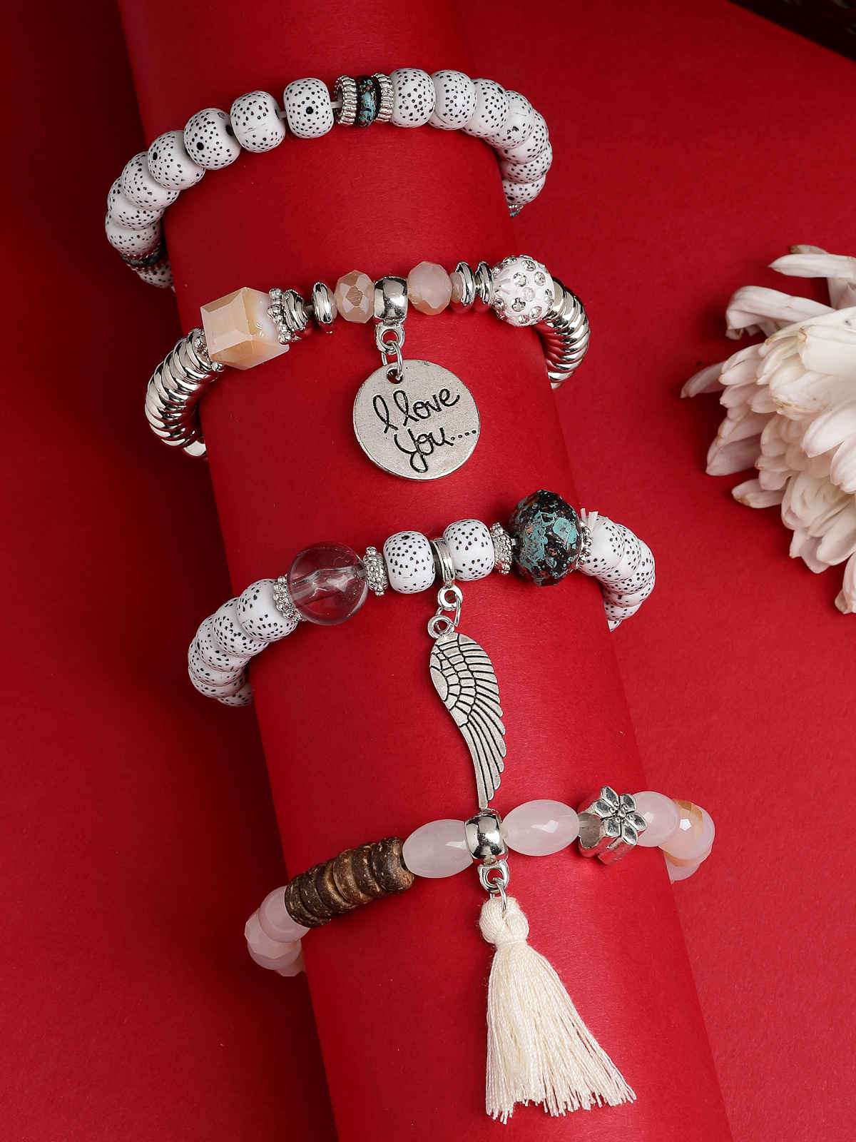 Scintillare By Sukkhi Charm Multilayer Beaded White Bangle & Bodhi Bracelet Jewellery For Women