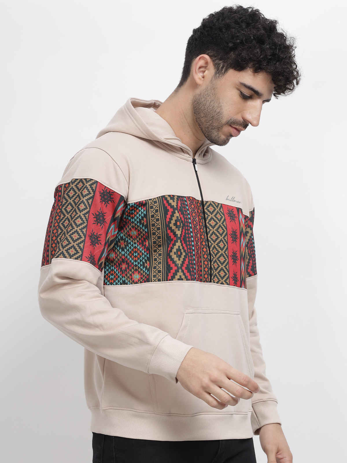 Bullmer Men's Trendy Colourblock Fleece Regular Fit Hooded Neck Sweatshirt | Beige - M