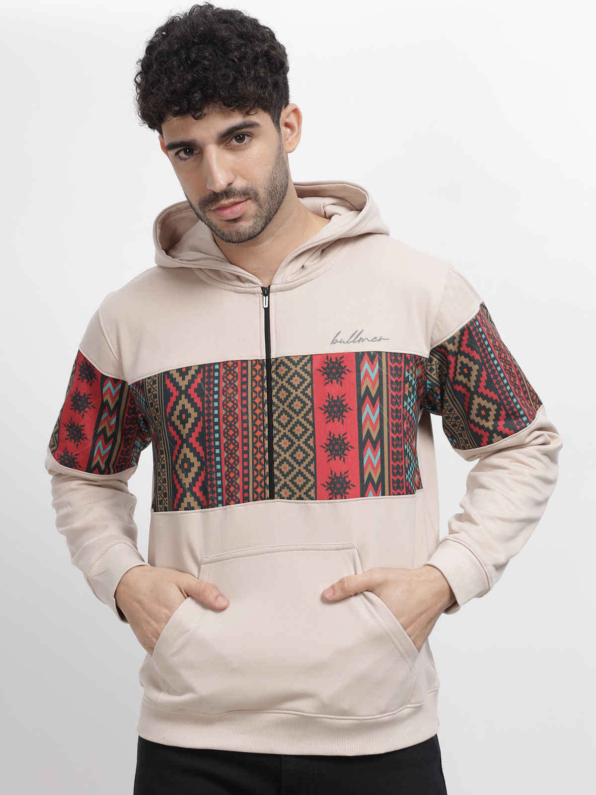 Bullmer Men's Trendy Colourblock Fleece Regular Fit Hooded Neck Sweatshirt | Beige - M
