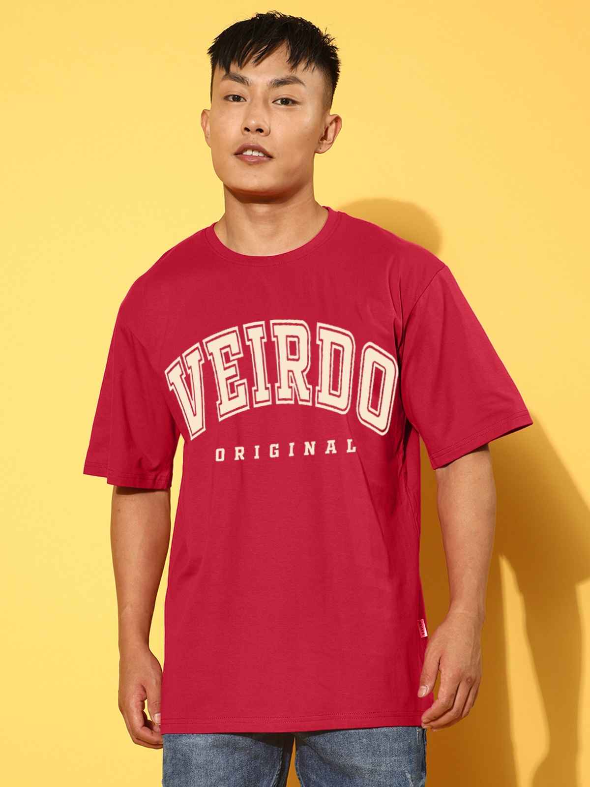 Veirdo Pure Cotton Oversized Fit Round Neck Red Printed T-Shirt For Men - XXL