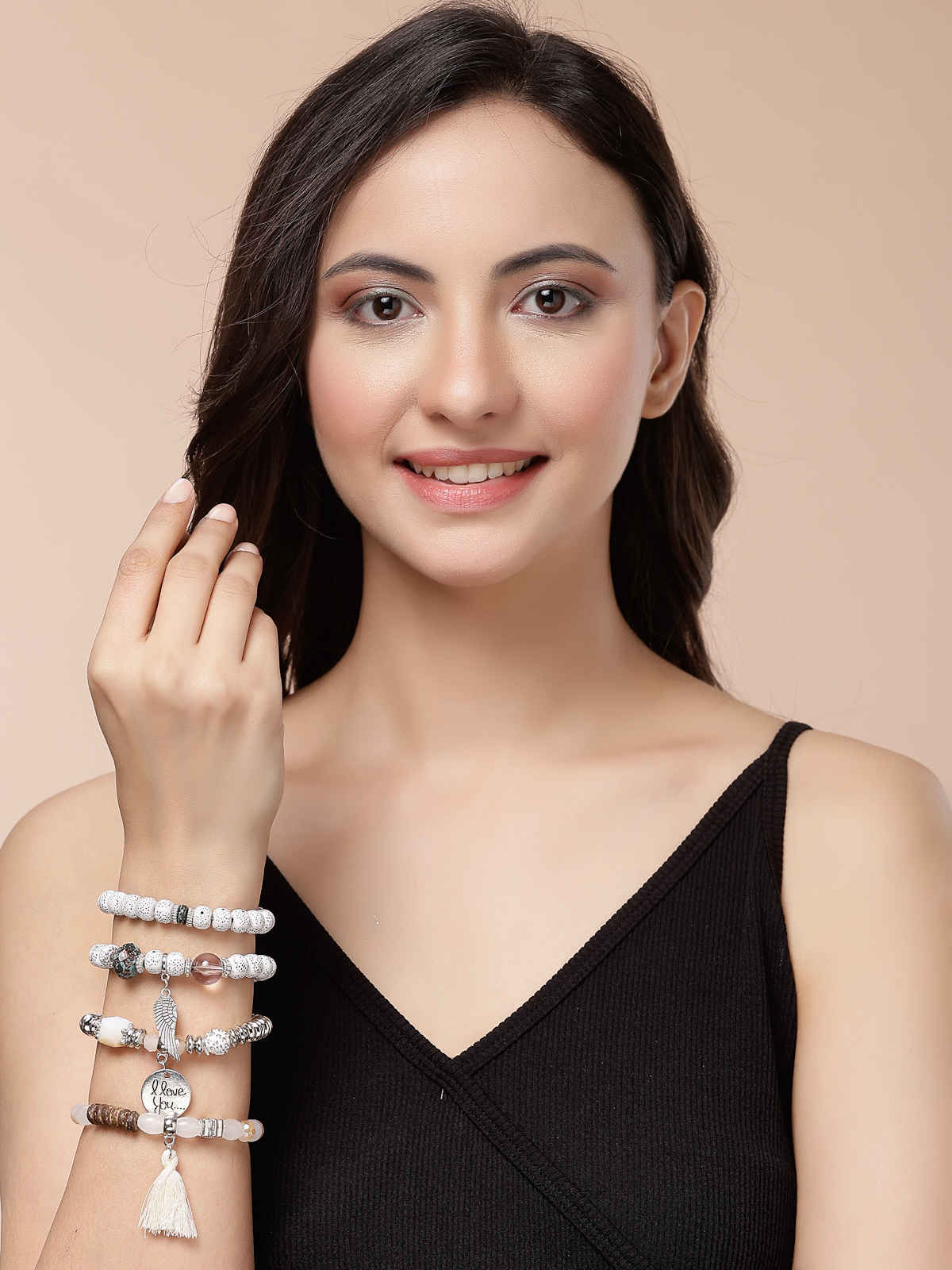Scintillare By Sukkhi Charm Multilayer Beaded White Bangle & Bodhi Bracelet Jewellery For Women