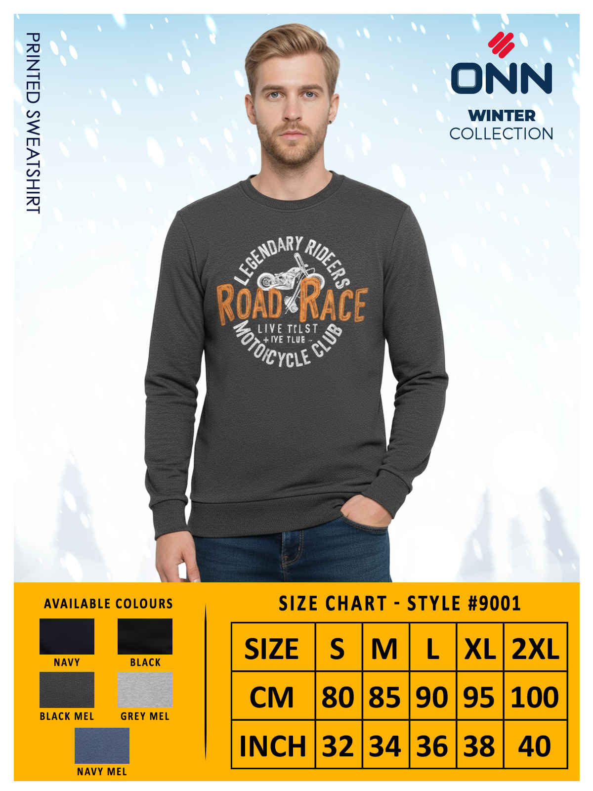 Onn Men's Ultra-Soft Printed Sweatshirt | Navy Melange - XL