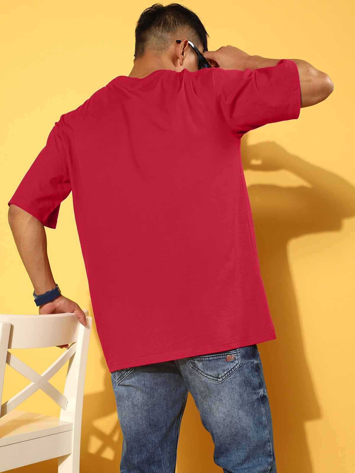 Veirdo Pure Cotton Oversized Fit Round Neck Red Printed T-Shirt For Men - XXL