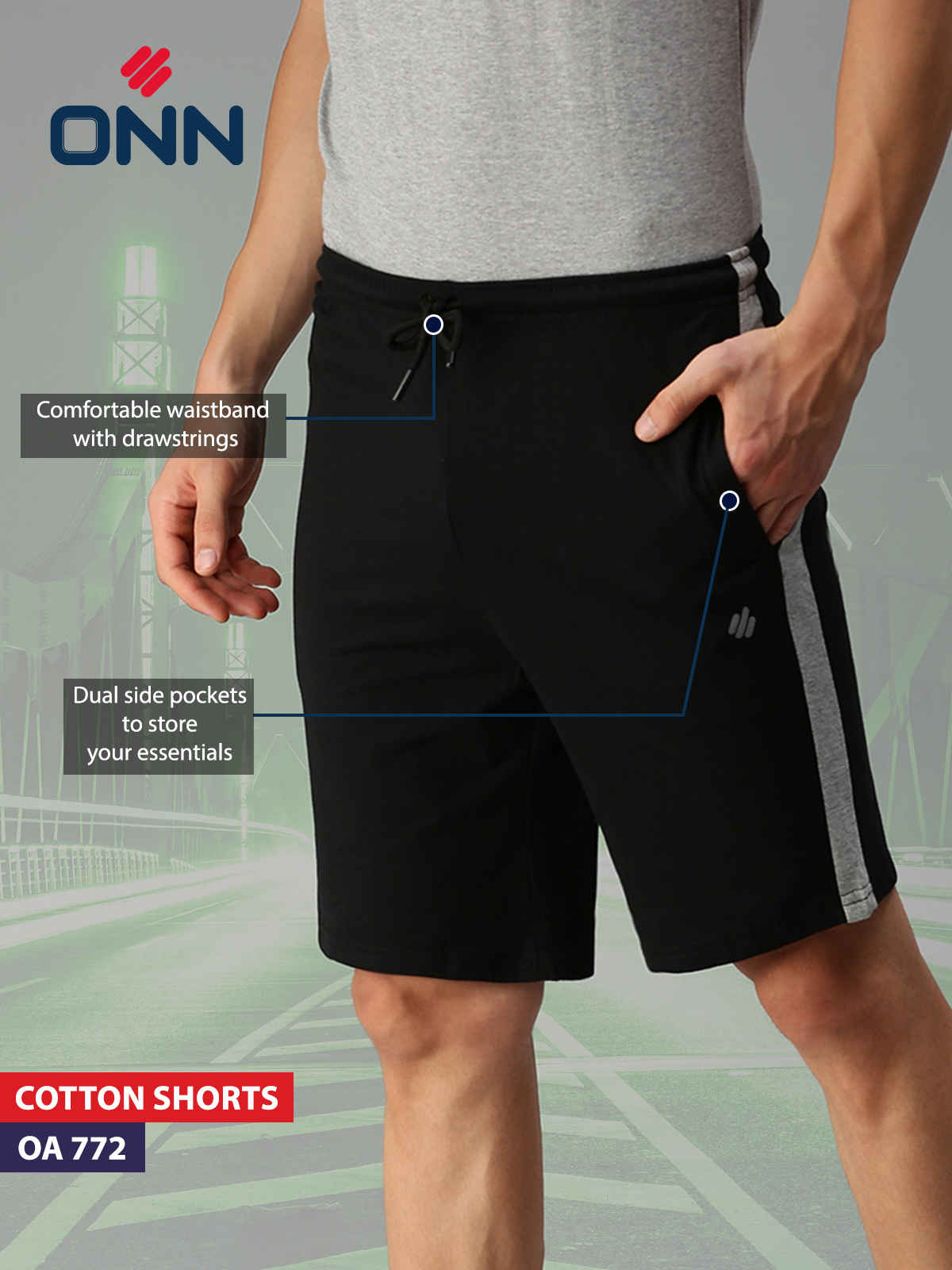 Onn Side Striped Super Soft Cotton Shorts | Navy - M