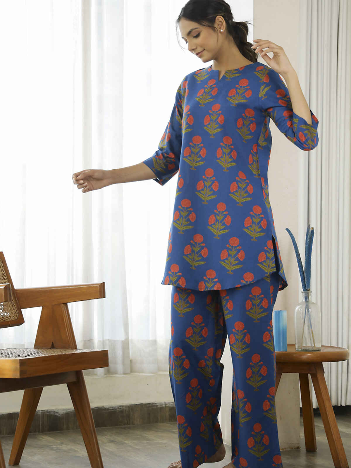 Sanskrutihomes Floral Printed Pure Cotton Night Suit | Blue - S