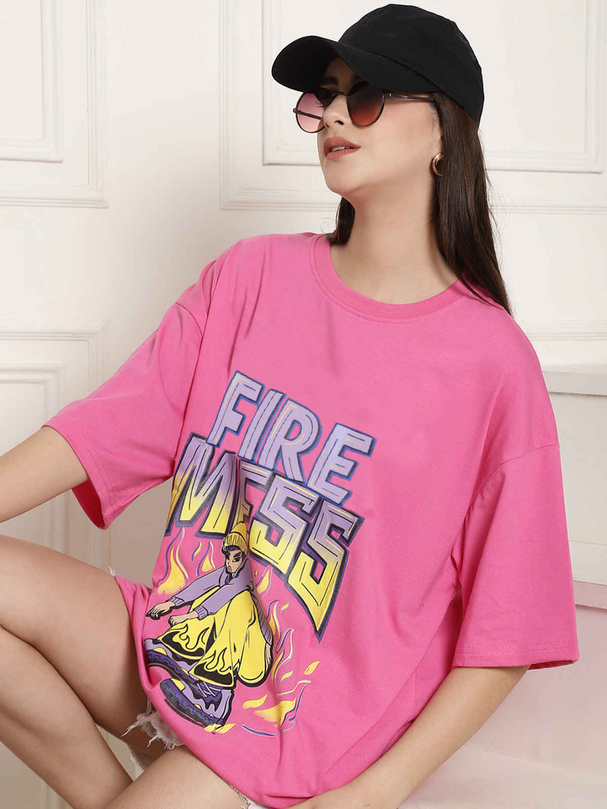 Fabflee Women's Oversize Cotton Printed Round Neck Tshirt | Pink | NEX-OS-510 | L