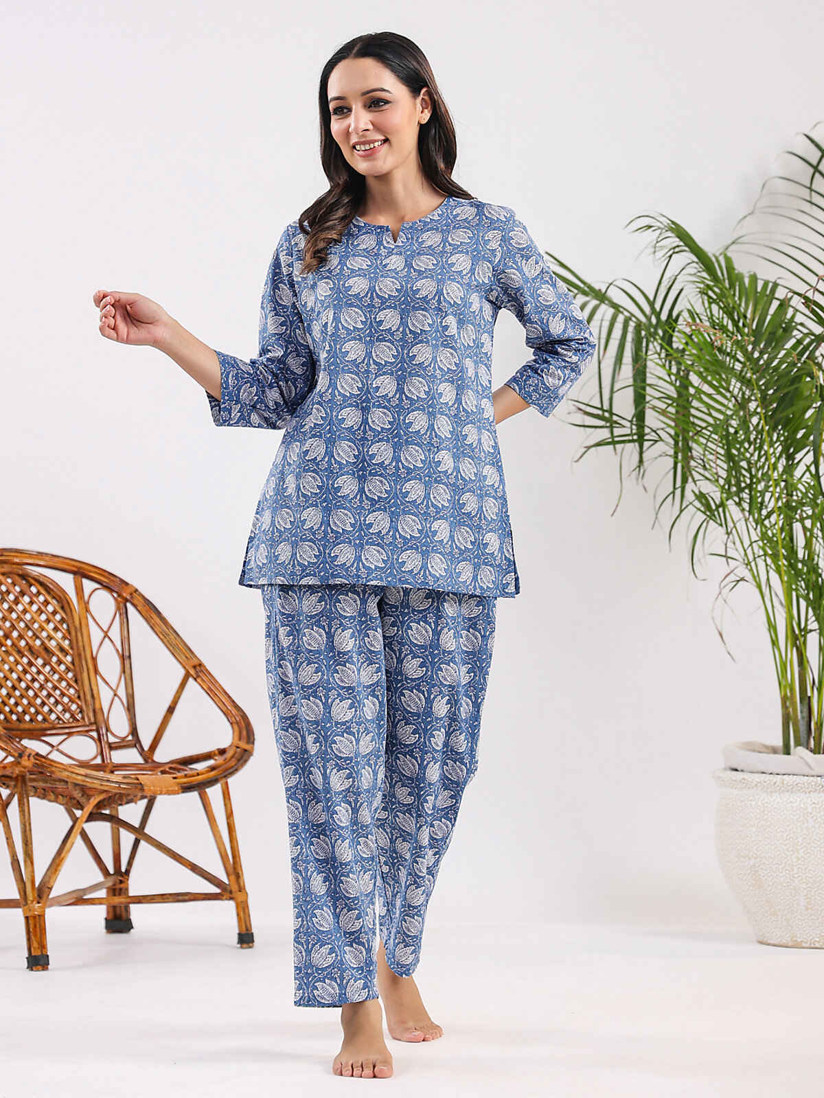 Sanskrutihomes Printed Pure Cotton Night Suit | Blue - S