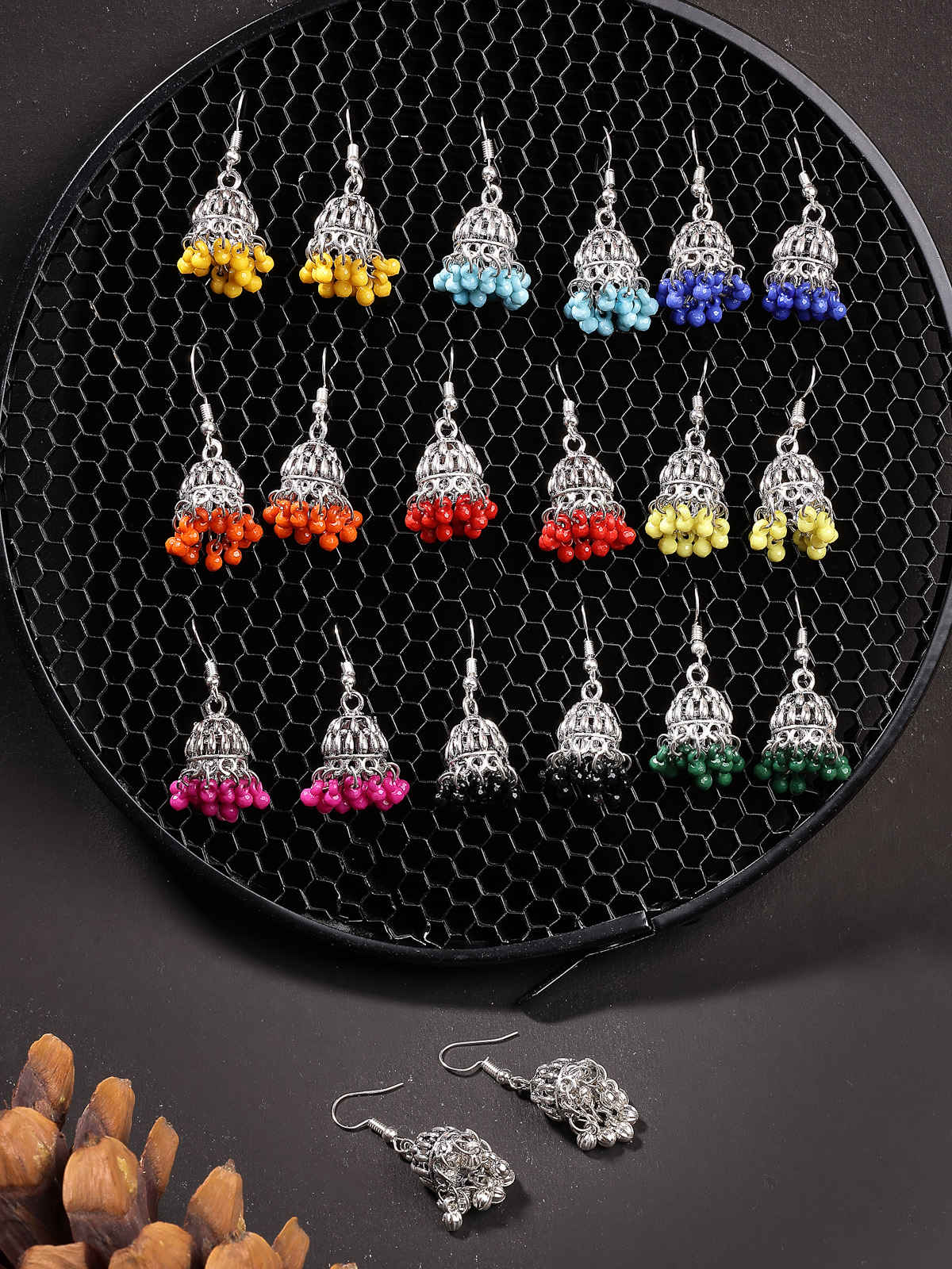 Sukkhi Oxidised Silver Plated Multicolor Beaded Mini Jhumka/Jhumki Earring Combo | CBE107305