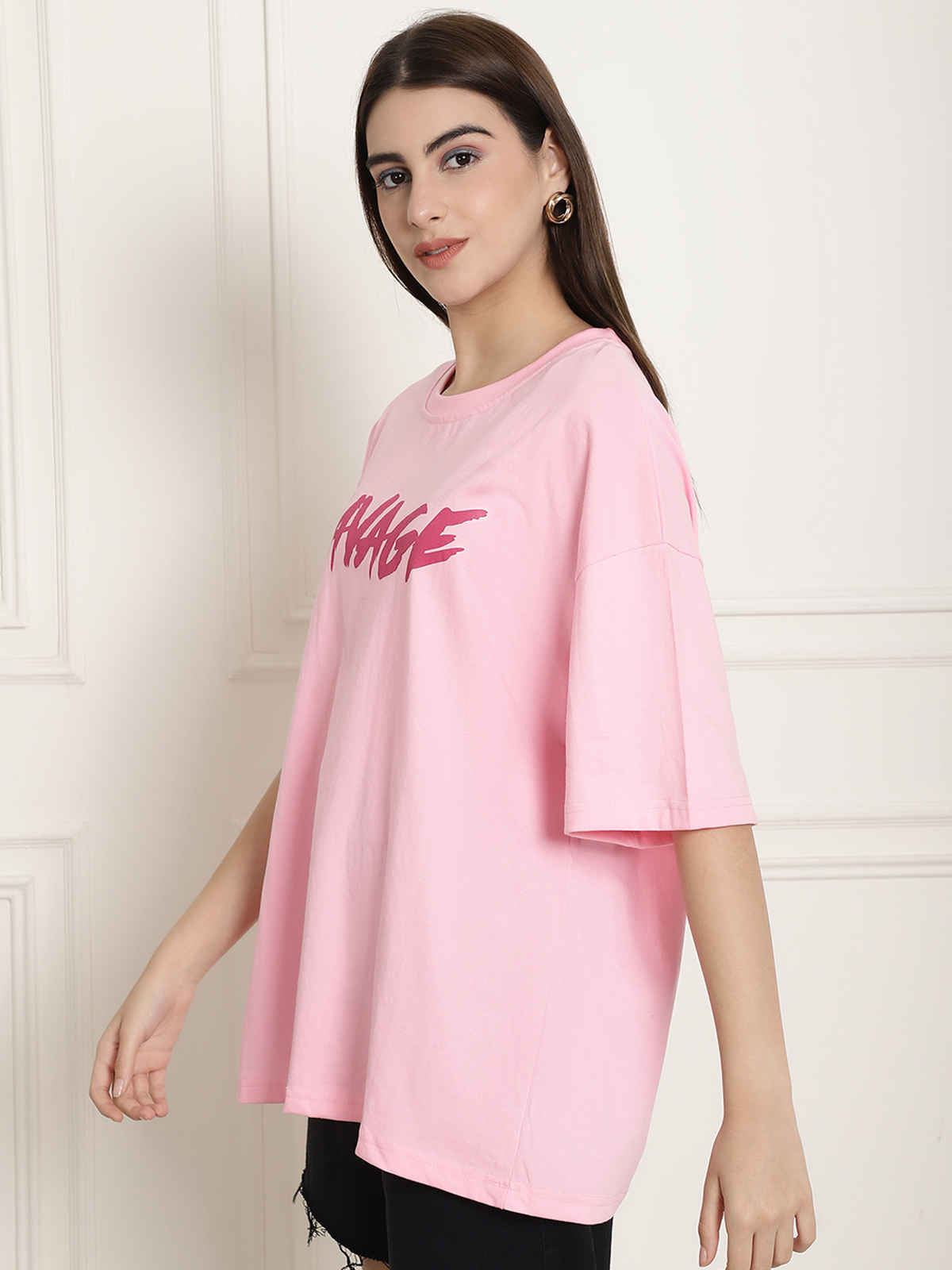 Fabflee Women's Oversize Cotton Printed Round Neck Tshirt | Pink | NEX-OS-509 | S