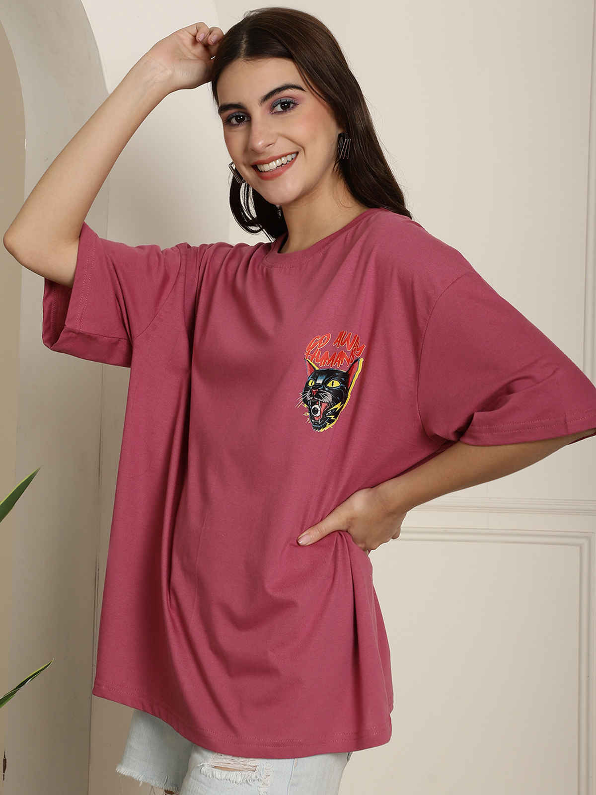 Fabflee Women's Oversize Cotton Printed Round Neck Tshirt | Pink | NEX-OS-502 | M