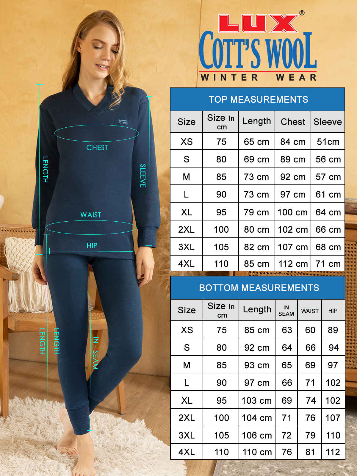 Lux Cottswool Women's Thermal Set For Embrace Warmth and Style Blue - 85CM
