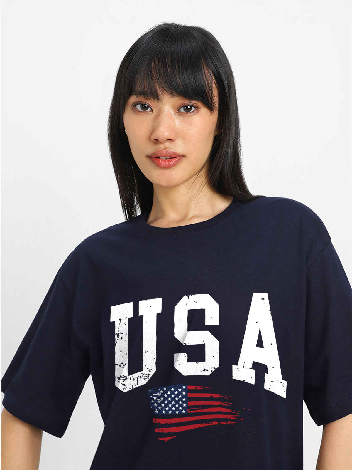 JUNEBERRY Women's Graphic Printed Oversized T Shirt | GL OS USA NVY L | Navy - L