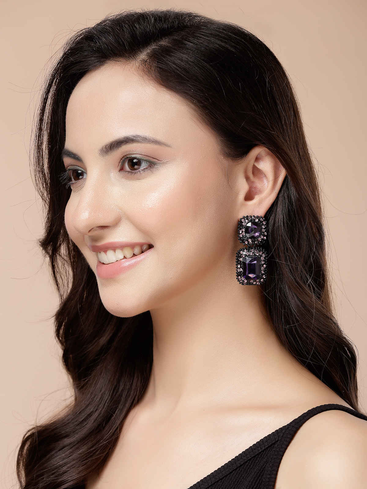 Scintillare By Sukkhi Glittering Square Shaped Crystal Purple Drop Dangle Earrings For Women