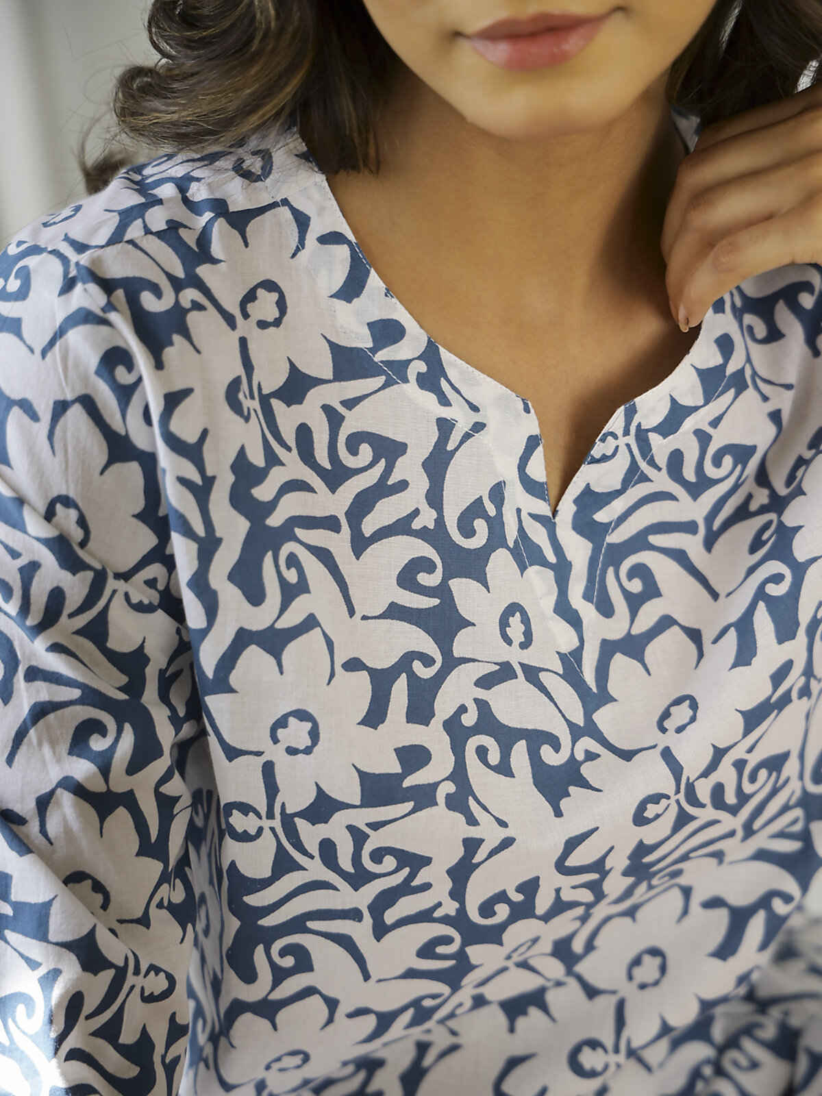 Sanskrutihomes Shirt Collar Pure Cotton Night Suit | Blue - S