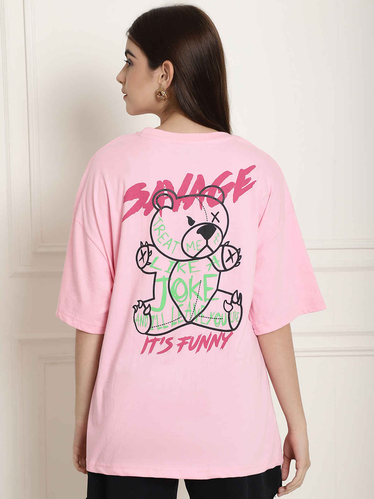Fabflee Women's Oversize Cotton Printed Round Neck Tshirt | Pink | NEX-OS-509 | L