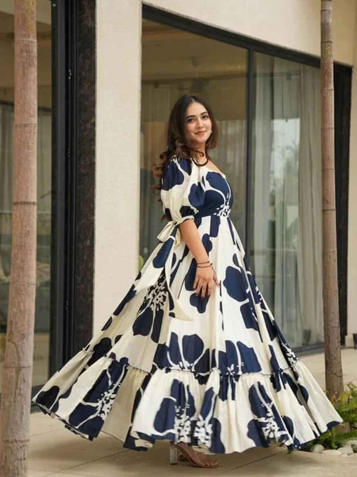 Sheetal Associates Women's Fit And Flare Maxi Full Length Dress | 12433 | Blue And White - S