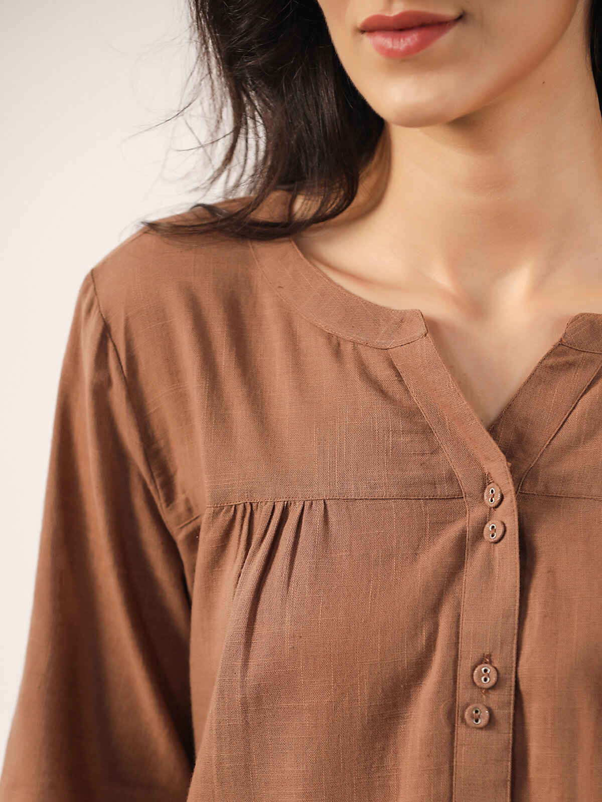 Sanskrutihomes Mandarin Collar Pure Cotton Night Suit | Brown - S