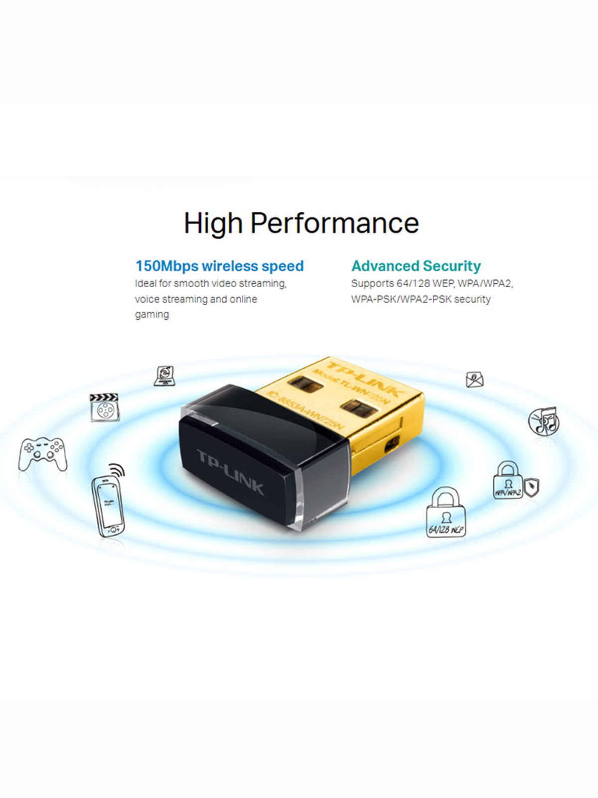TP-Link TL-WN725N 150Mbps Wireless Network Nano USB Adapter for PC - Black