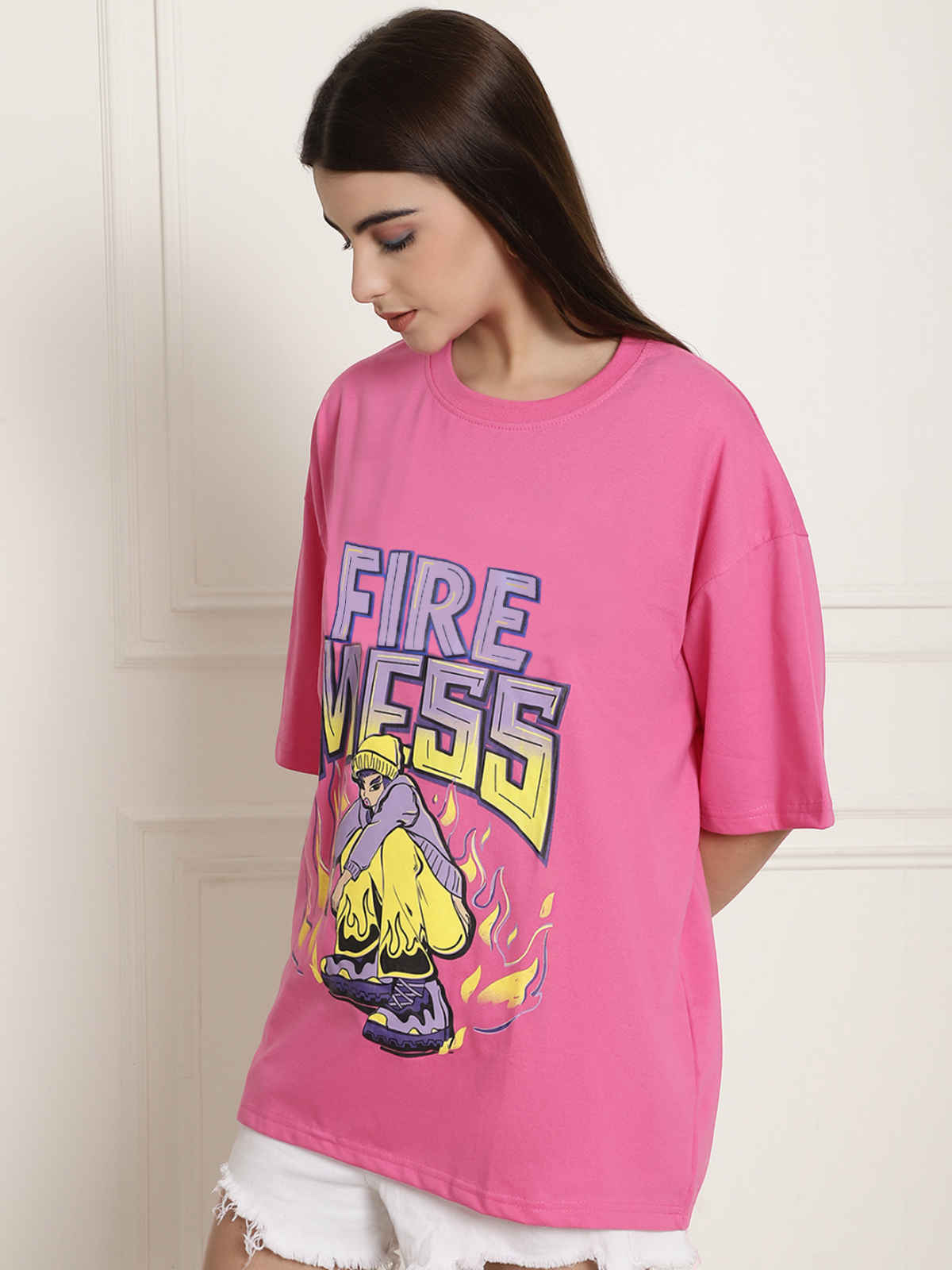 Fabflee Women's Oversize Cotton Printed Round Neck Tshirt | Pink | NEX-OS-510 | L