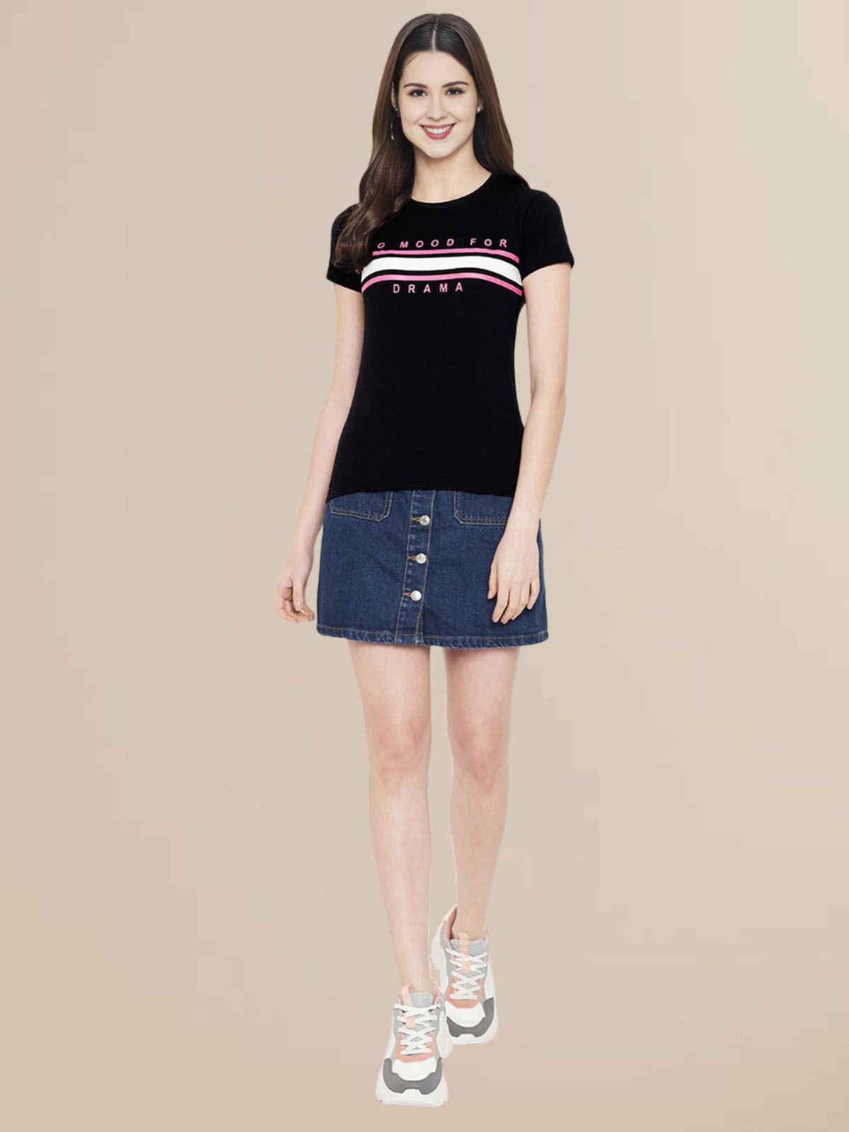 Fabflee Women's Regular Cotton Printed Round Neck Tshirt | Black | NEX-WT-08 | M