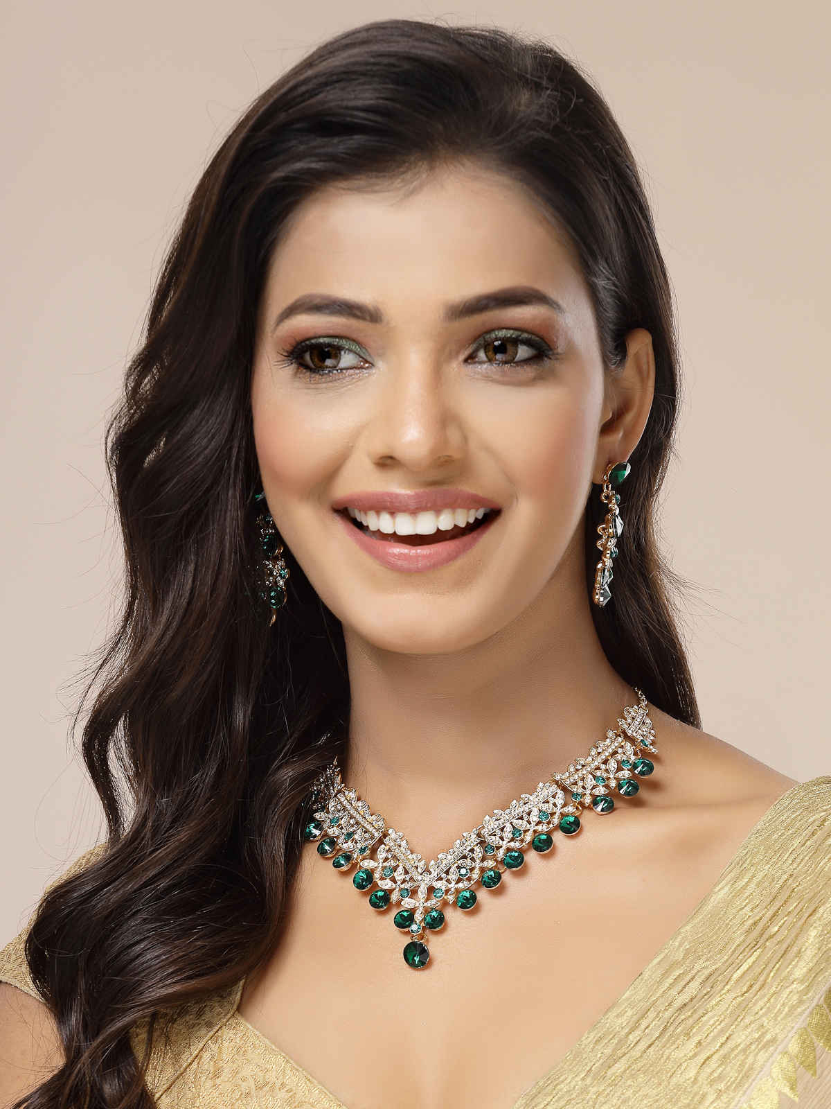 Sukkhi AD Stone Gold Plated Green Choker Necklace & Dangle Earring Jewellery Set For Women|NS107352