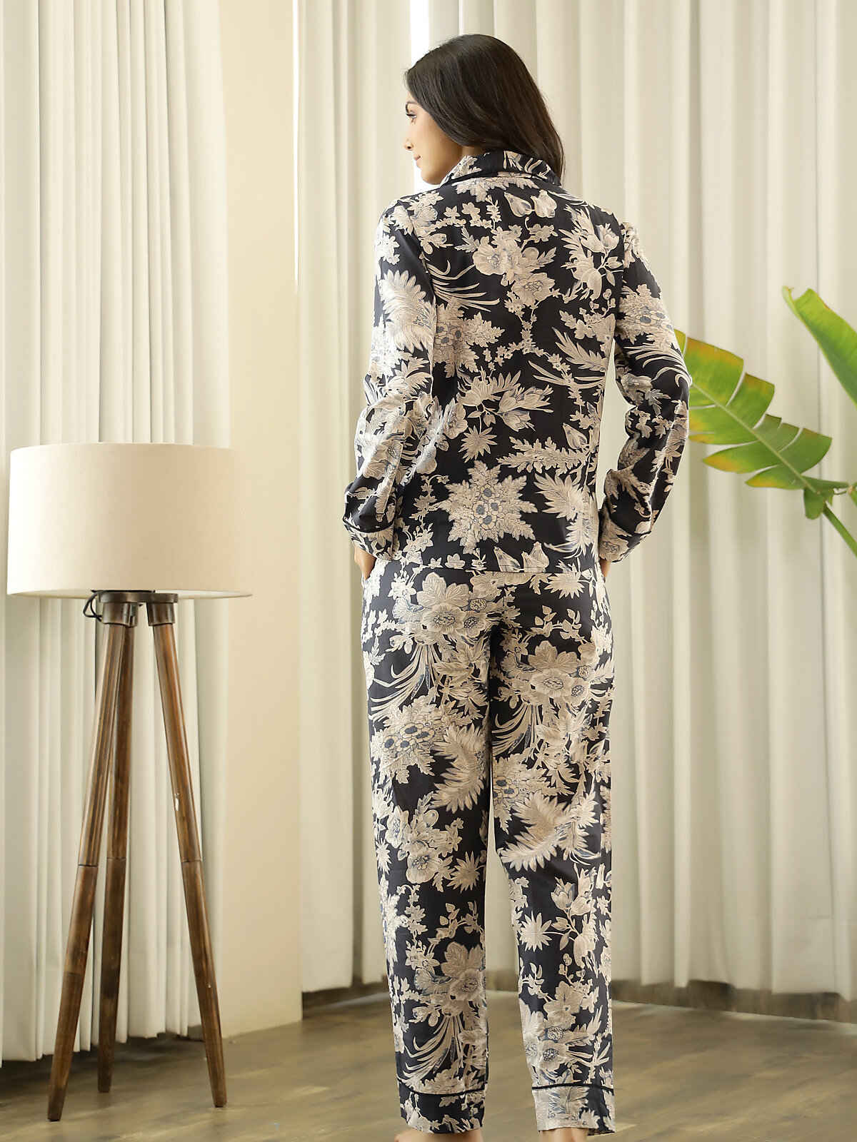 Sanskrutihomes Women's Printed Cotton Night Suit | Black - S