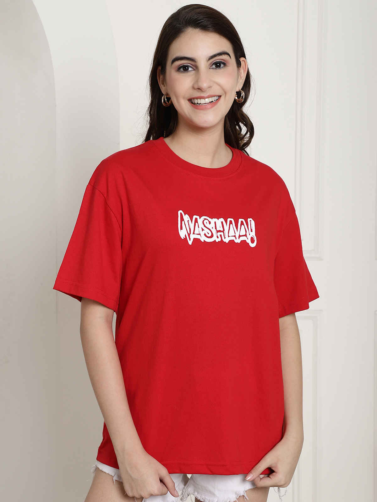 Fabflee Women's Oversize Cotton Printed Round Neck Tshirt | Red | NEX-OS-505 | L