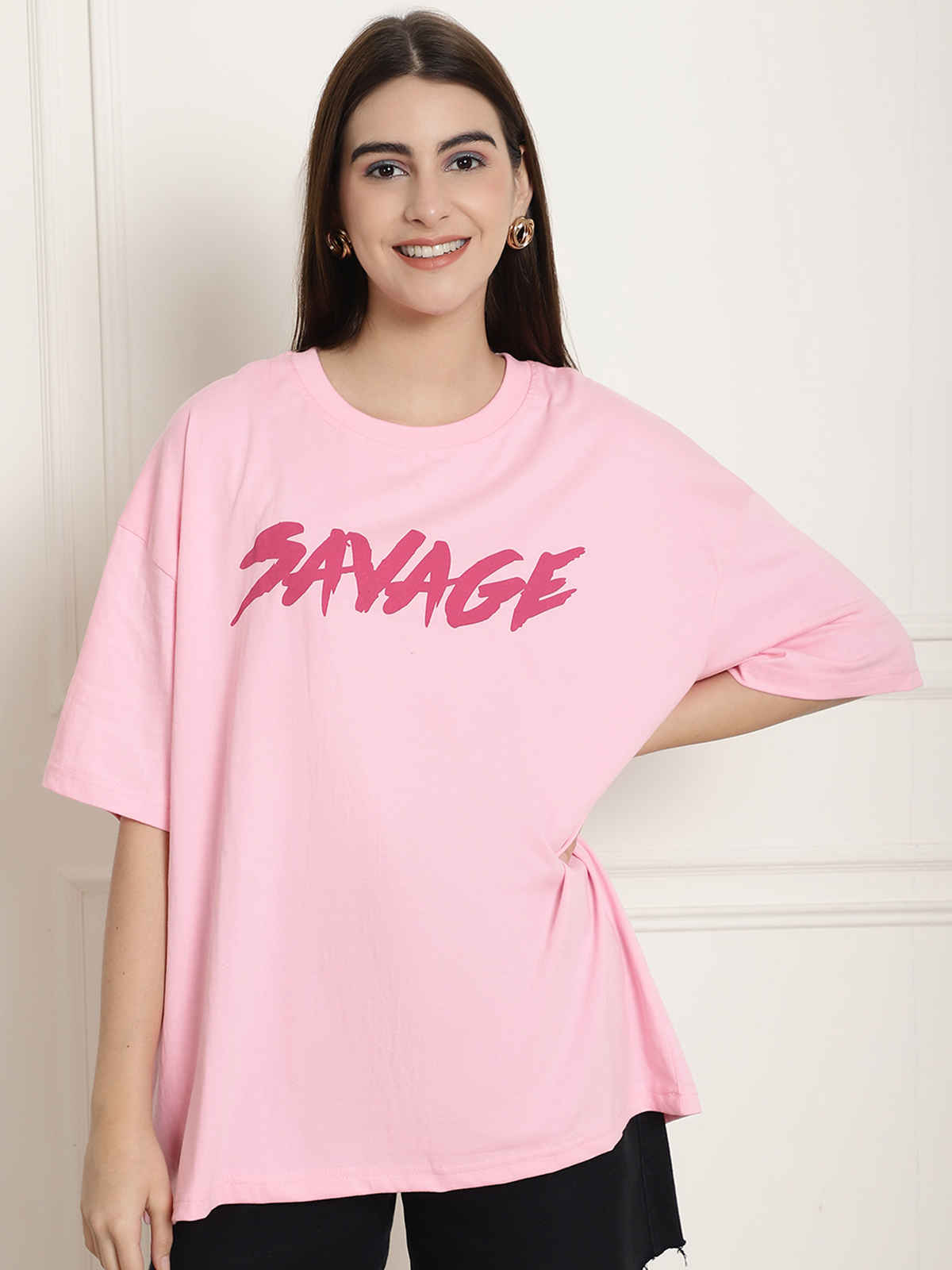 Fabflee Women's Oversize Cotton Printed Round Neck Tshirt | Pink | NEX-OS-509 | S