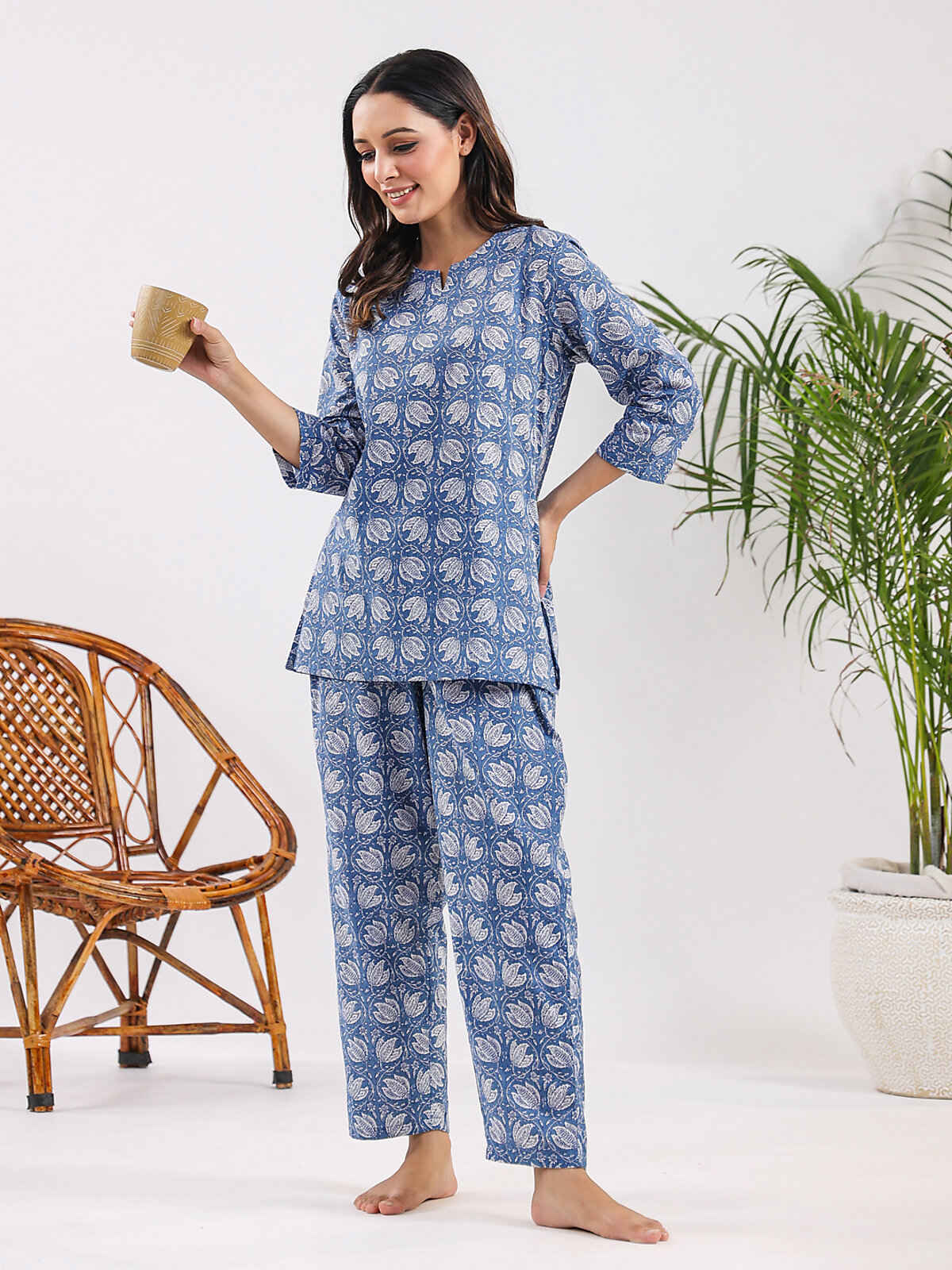 Sanskrutihomes Printed Pure Cotton Night Suit | Blue - S