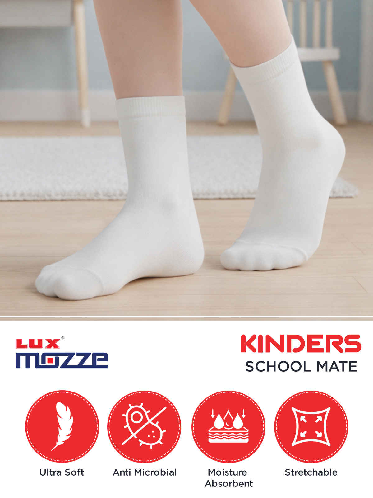 Lux Mozze Ultra Soft Crew Length Socks For Kids | White | Size 06 | Set of 3