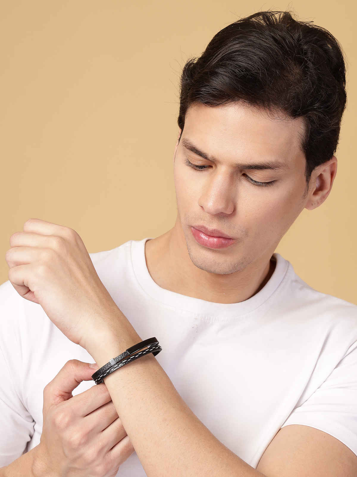 Scintillare By Sukkhi Charming Leather Silicon Wristband Black Bracelet for Men & Boys Unisex