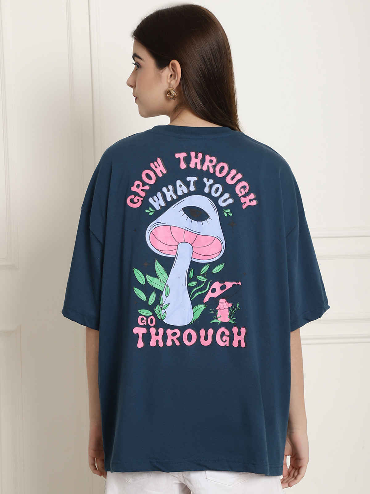 Fabflee Women's Oversize Cotton Printed Round Neck Tshirt | Blue | NEX-OS-507 | L