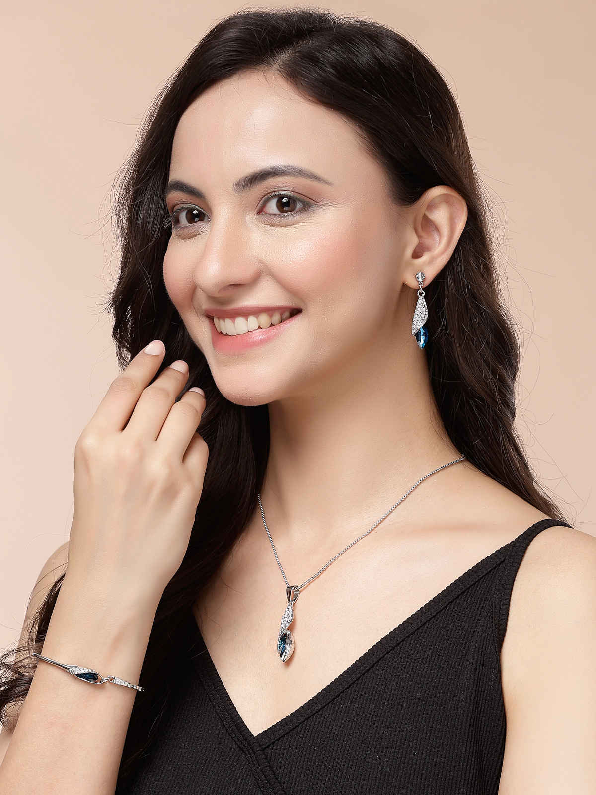 Scintillare By Sukkhi Rhodium Plated Pendant with Dangle Earring Bracelet Combo Jewellery For Women